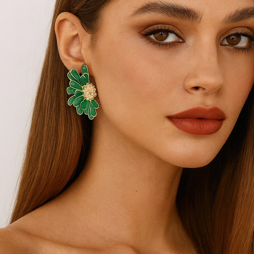 Masterpiece & Special Half Green Flower Earrings