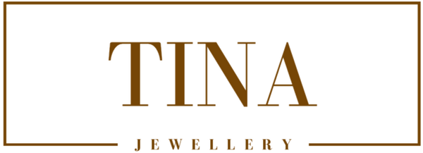Tina Jewellery logo with a gold border on a white background
