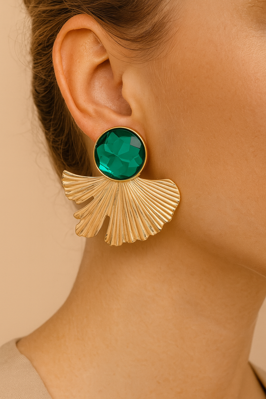 Fan Shape Green Stone Earrings