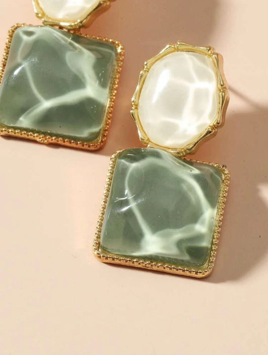 Green/White Squared Drop Earrings