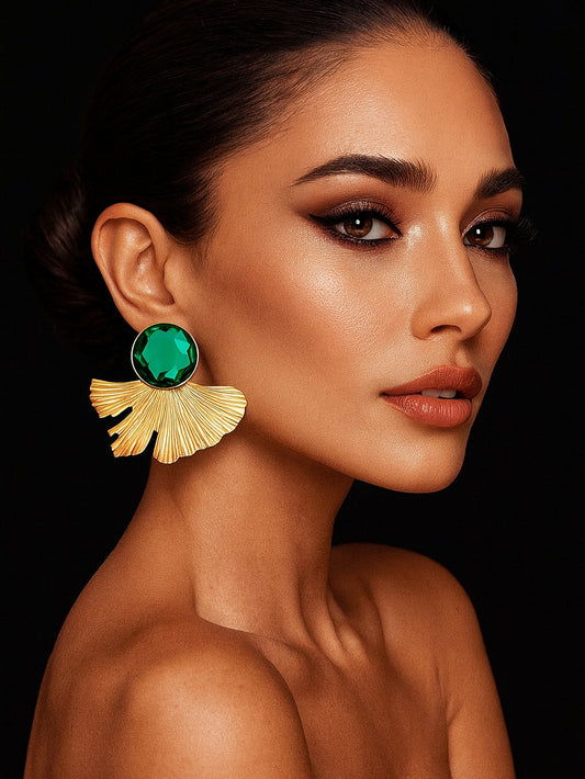Fan Shape Green Stone Earrings