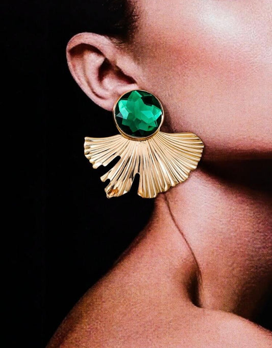 Fan Shape Green Stone Earrings