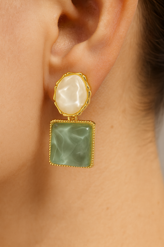 Green/White Squared Drop Earrings